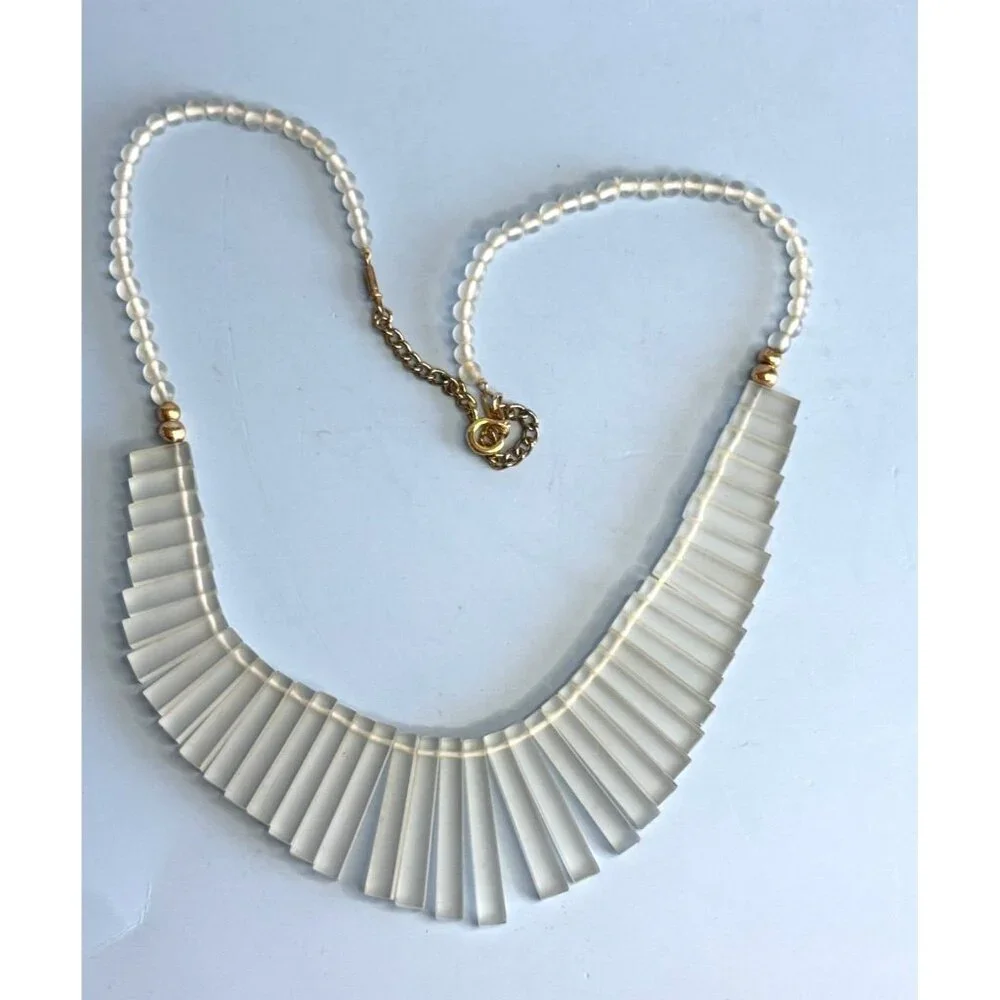 Vintage 14kGF Glass Cabochon Fringe Bib Necklace 18" Elegant Gold & Glass Design - Picture 5 of 6